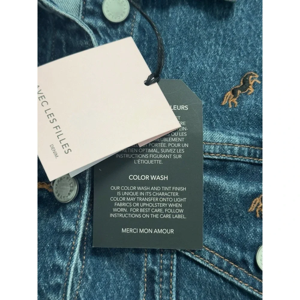Avec Les Filles Horse Embroidered Denim Trucker Jacket Jean Blue Women's Size L
